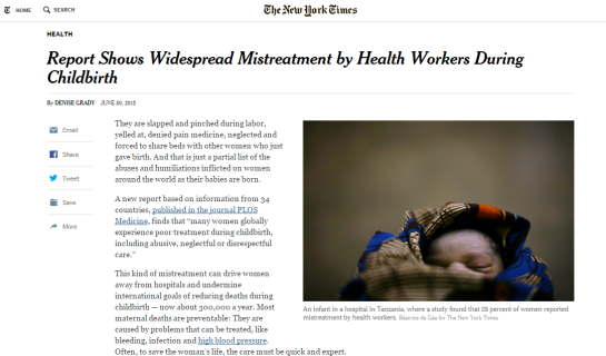 Nova revisão sistemática conduzida pela OMS descreve tipos de violação de direitos a que mulheres são submetidas durante a assistência ao parto. Imagem: Destaque para o lançamento da revisão, no jornal The New York Times (30 de junho).
